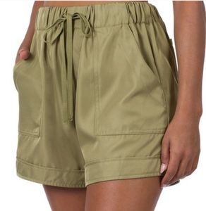 New! Woven Paper Bag Drawstring Elastic Waist Shorts with Pockets KHAKI GREEN